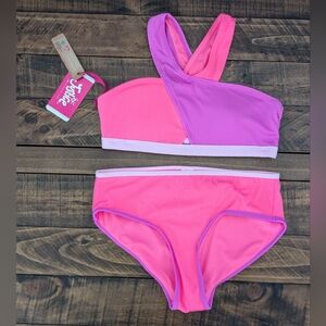 Justice Cross Neck Rib 2-Piece Pink Purple Bikini Swimsuit UPF 50+ Girls Size XL